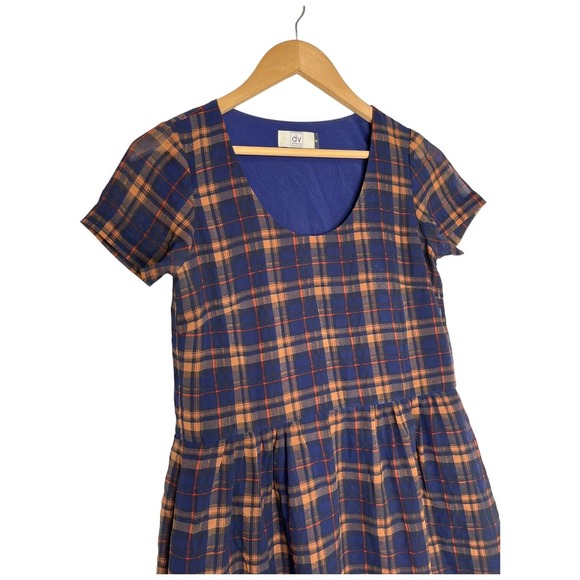 DV By Dolce Vita Womens XS Adelaide Plaid Chiffon Scoop Neck Lined Dress Blue - Picture 3 of 13